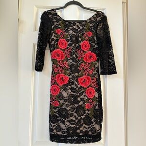LN SanFrancisco black lace dress, red floral embroidered overlay, size 1